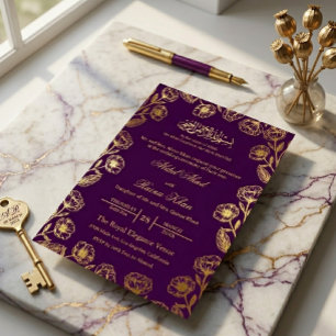Royal Purple Floral Gold Foil Islamic Muslim Nikah Invitation