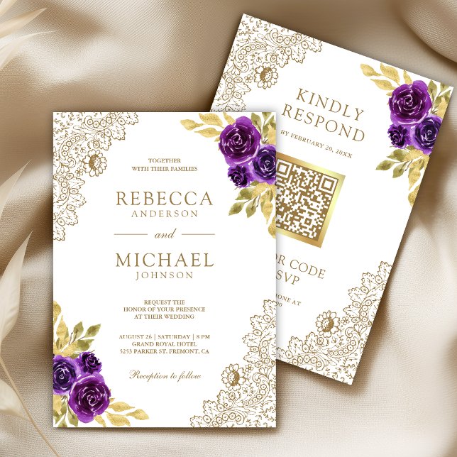 Royal Purple Floral Lace White QR Code Wedding Invitation (Creator Uploaded)