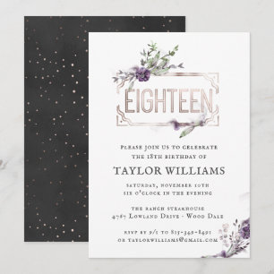 Royal Purple   Floral Ornate Foil Frame Birthday Invitation