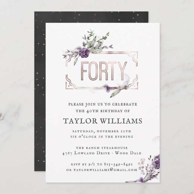 Royal Purple | Floral Ornate Foil Frame Birthday Invitation (Front/Back)