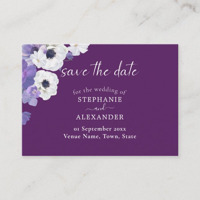 Royal Purple Floral Save the Date Enclosure Card (Front)
