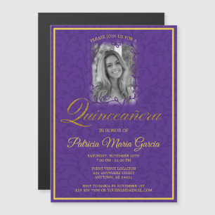 Royal purple floral vines photo quinceanera magnetic invitation