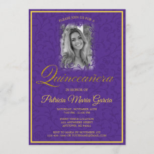 Royal purple floral vines with photo invitation