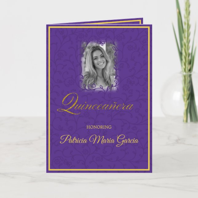 Royal purple floral vines with photo quinceanera card (Front)