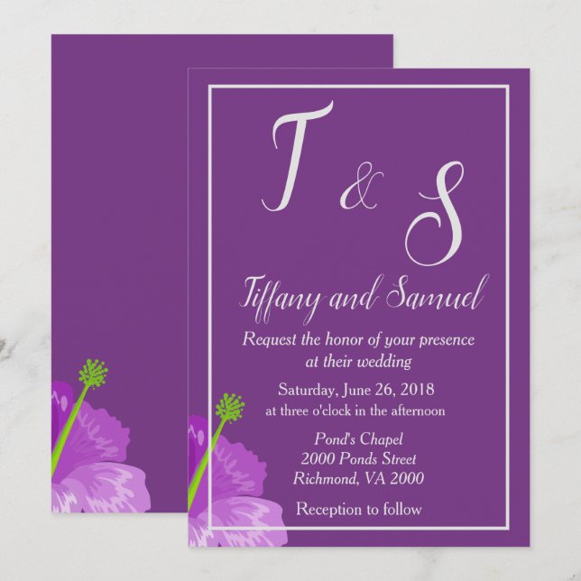 Royal Purple Floral Wedding Invitation (Front/Back)