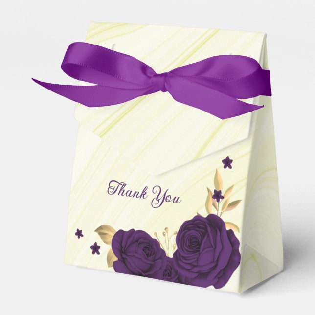 royal purple flowers gold leaves marble favor boxes (Front Side)