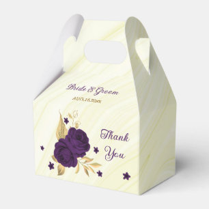 royal purple flowers gold leaves marble favor boxes