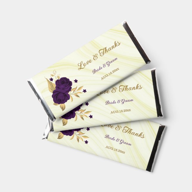 royal purple flowers gold leaves marble hershey bar favors (Front)