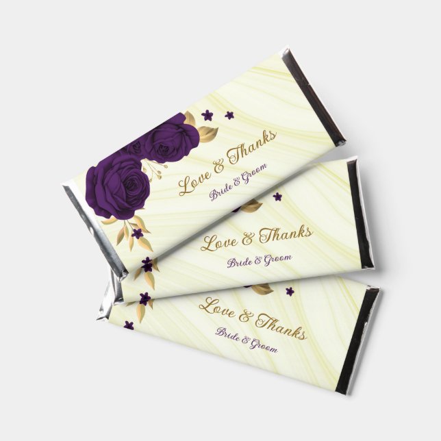 royal purple flowers gold leaves marble hershey bar favors (Front)