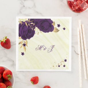 royal purple flowers gold leaves marble paper dinner napkins