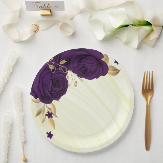 royal purple flowers gold leaves marble paper plates (Wedding)