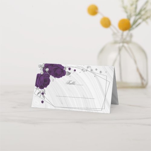 royal purple flowers silver geometric marble  place card