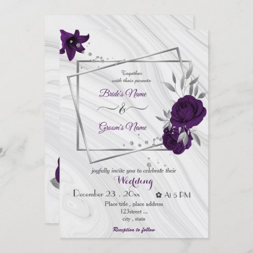 royal purple flowers silver geometric wedding invitation