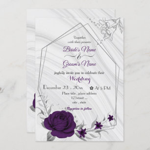 royal purple flowers silver geometric wedding invitation