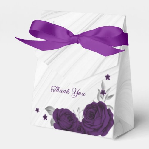 royal purple flowers silver leaves marble favor boxes