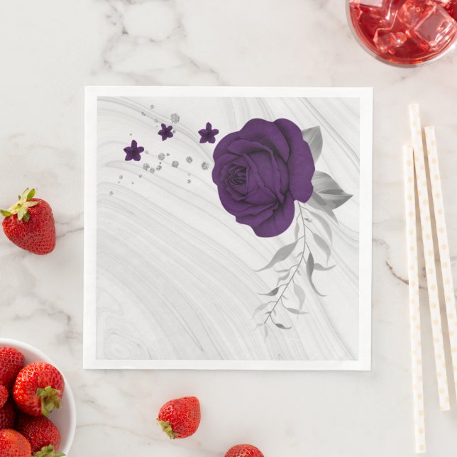 royal purple flowers silver leaves marble paper dinner napkins (Insitu)