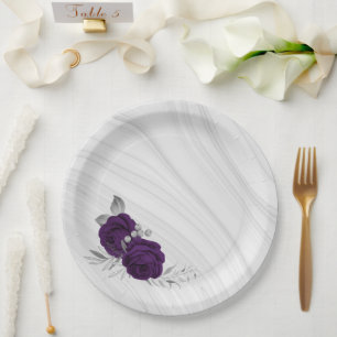 royal purple flowers silver leaves marble paper plates
