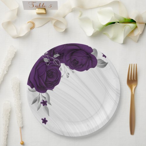 royal purple flowers silver leaves marble paper plates