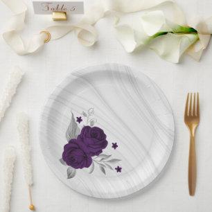 royal purple flowers silver leaves marble paper plates