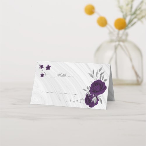 royal purple flowers silver marble place card