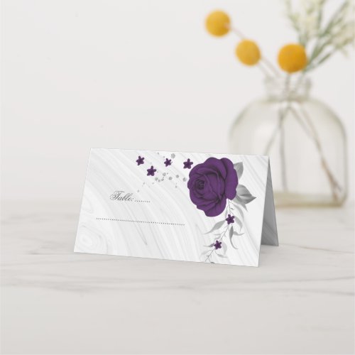 royal purple flowers silver marble place card