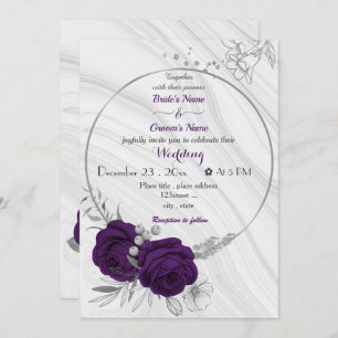 royal purple flowers silver wreath wedding invitation