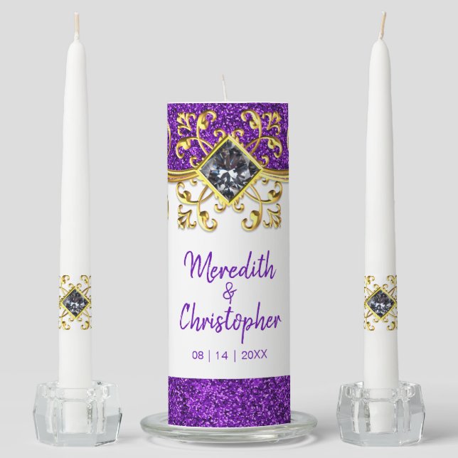 Royal Purple Glamorous Glitter Gold Wedding Unity Candle Set (Front)