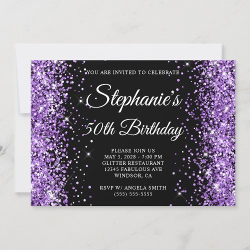 Royal Purple Glitter Black Monogram 50th Birthday Invitation
