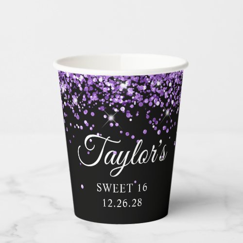 Royal Purple Glitter Black Sweet 16 Paper Cups