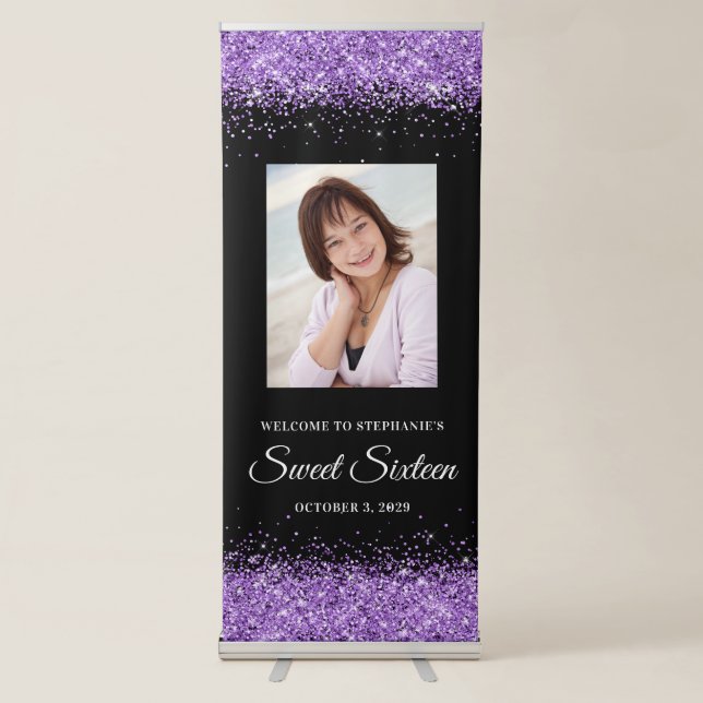 Royal Purple Glitter Black Sweet Sixteen Welcome Retractable Banner (Front)