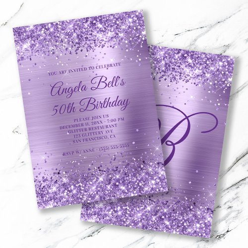 Royal Purple Glitter Brushed Foil 50th Birthday Invitation