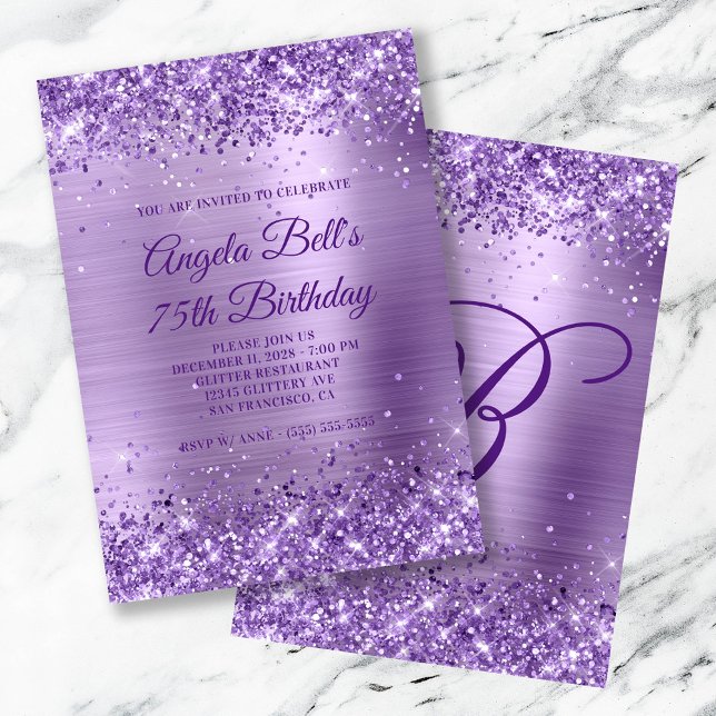 Royal Purple Glitter Brushed Foil 75th Birthday Invitation (Royal Purple Glitter Brushed Foil 75th Birthday Invitation)