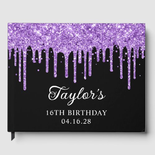 Royal Purple Glitter Drips Black 16th Birthday Guest Book