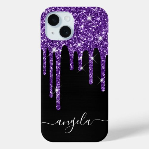 Royal Purple Glitter Drips Black Glam Signature iPhone 15 Case