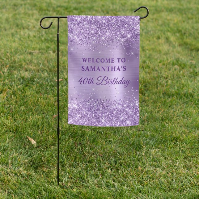 Royal Purple Glitter Light Foil 40th Birthday Garden Flag (In SItu)