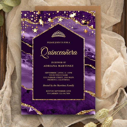 Royal Purple Gold Agate Marble Arch Quinceanera Invitation