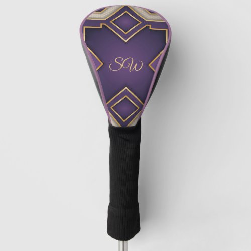 Royal Purple Gold Art Deco Personalized Geometric Golf Head Cover