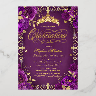 Royal Purple Gold Butterfly Rose Quinceanera Foil Invitation