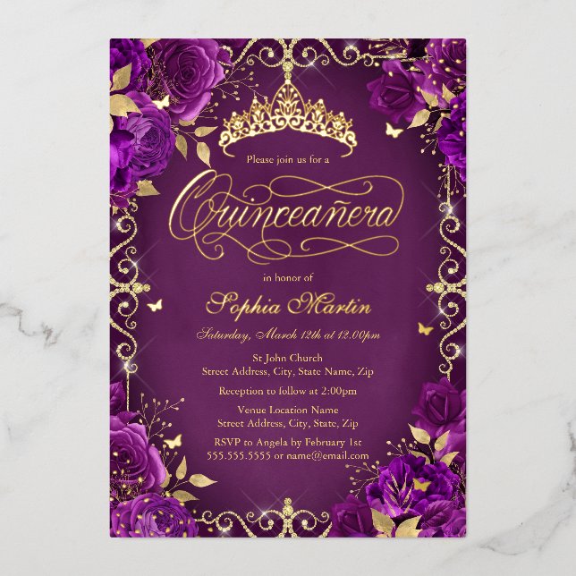 Royal Purple Gold Butterfly Rose Quinceanera Foil Invitation (Front)