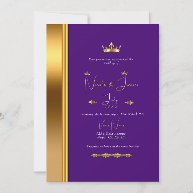 Royal Purple Gold Crown Elegant Glam Wedding   Invitation (Front)