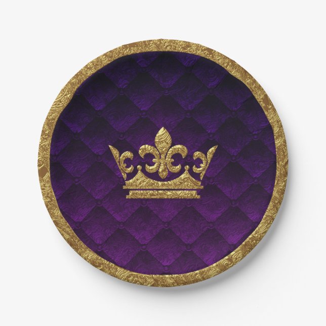 Royal Purple & Gold Crown Elegant Royal Storybook Paper Plates (Front)