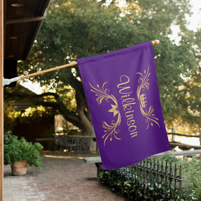 Royal Purple Gold Crown Family Name House Flag (In SItu)