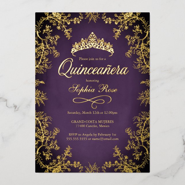 Royal Purple Gold Crown Floral Quinceanera  Foil Invitation (Front)