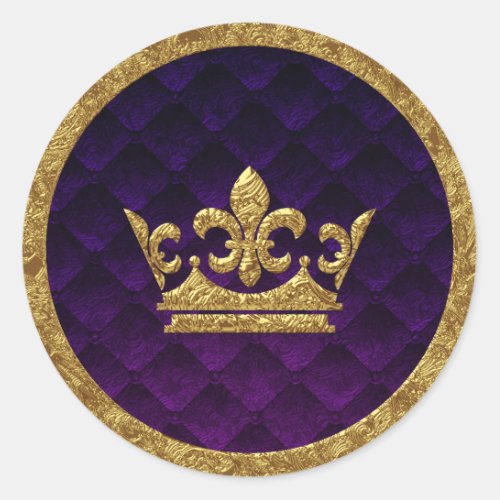 Royal Purple  Gold Crown Storybook Wedding Favor Classic Round Sticker