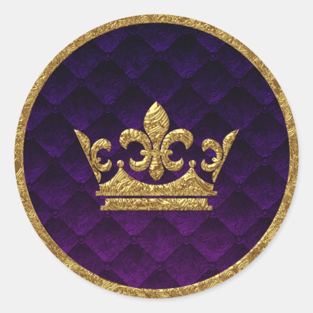 Royal Purple & Gold Crown Storybook Wedding Favor Classic Round Sticker (Front)