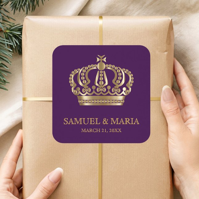 Royal Purple Gold Crown Wedding Favor Square Sticker (Creator Uploaded)