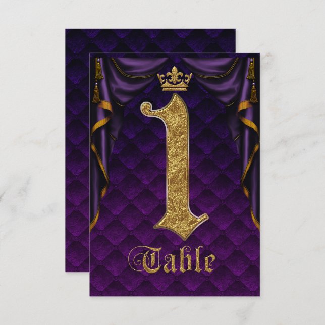Royal Purple Gold Crown Wedding Table Number 1 (Front/Back)