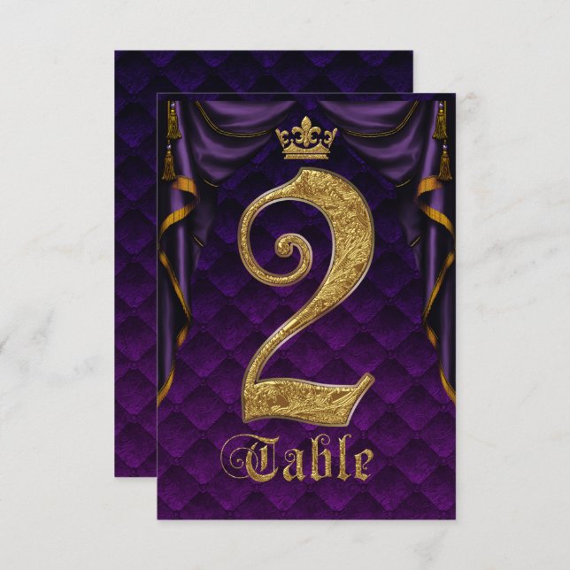 Royal Purple Gold Crown Wedding Table Number 2 (Front/Back)