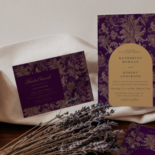 Royal Purple Gold Damask Bridal Brunch Invitation