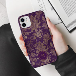 Royal Purple Gold Damask Monogram iPhone 11 Case